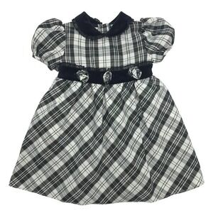 Vintage Plaid Velvet Trim Party Dress Little Bitty Black White Toddler Girl 18M